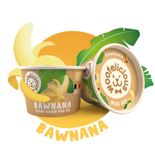 Glace pour chien Woofelicious saveur banane présentée dans son pot, friandise rafraîchissante et naturelle.