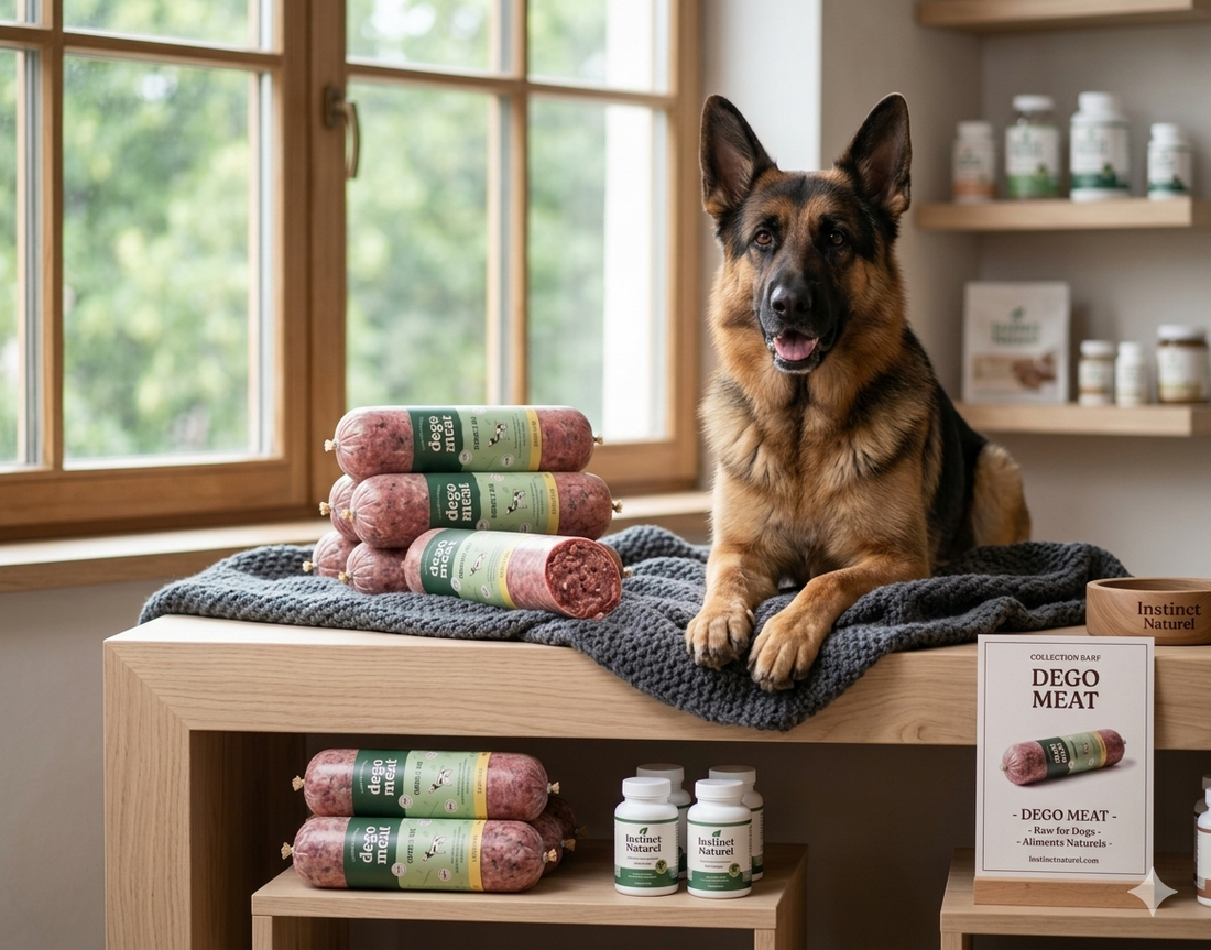 Un Berger Allemand serein et calme allongé sur un plaid à côté de boudins de viande crue Degomeat et de compléments alimentaires Instinct Naturel, illustrant les bienfaits du BARF sur le comportement canin