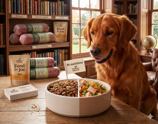 Un chien Golden Retriever devant une gamelle séparée illustrant la bi-nutrition : une moitié de croquettes de haute qualité et une moitié de ration ménagère fraîche Food for Joe avec morceaux de dinde et petits pois, dans un décor de bureau chaleureux