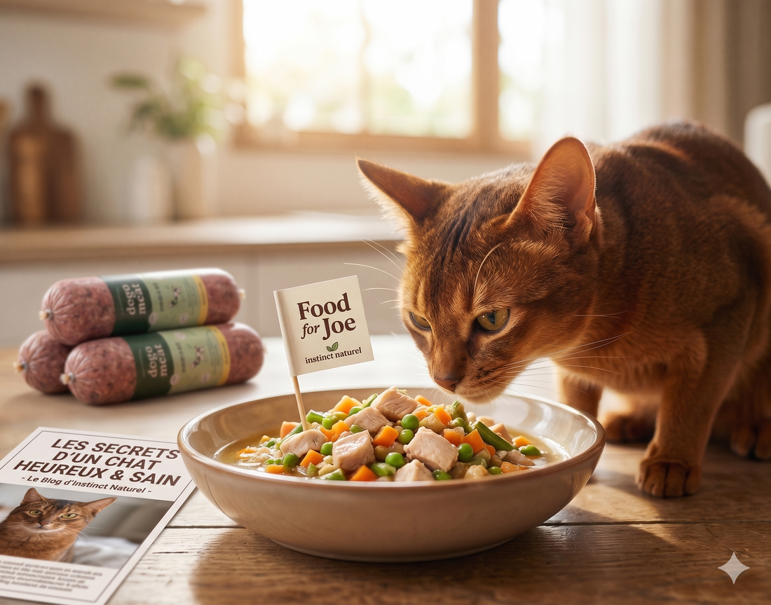 Un chat de race Abyssin dégustant avec appétit une ration ménagère fraîche Food for Joe composée de vrais morceaux de dinde et de légumes, illustrant l'appétence naturelle pour les chats difficiles.