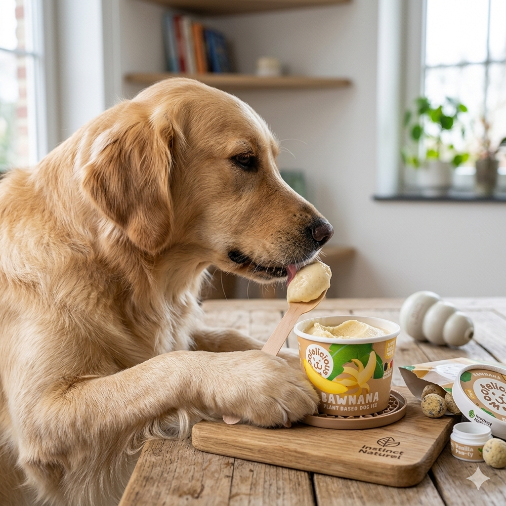 Un chien Golden Retriever savoure avec un petit cuillère une glace pour chien Woofelicious parfum Banane (Bawnana), présentée dans un pot colorful et posée sur une planche en bois Instinct Naturel, dans une ambiance domestique confortable.