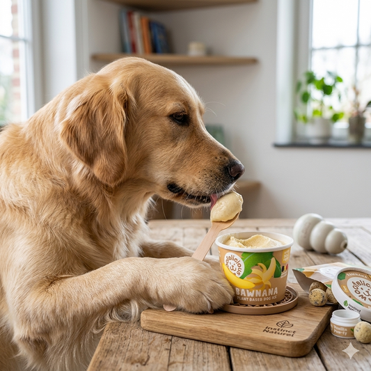 Un chien Golden Retriever savoure avec un petit cuillère une glace pour chien Woofelicious parfum Banane (Bawnana), présentée dans un pot colorful et posée sur une planche en bois Instinct Naturel, dans une ambiance domestique confortable.