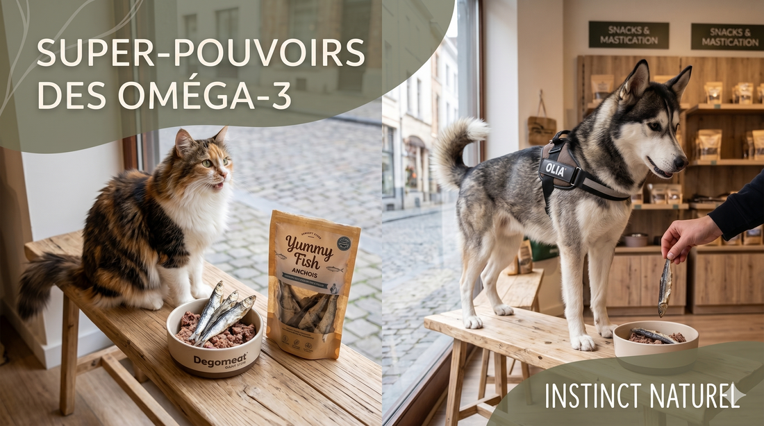 Photo carrée d'un chat tricolore et d'un chien noir et feu à côté d'un sachet d'anchois Yummy Fish de Food for Joe et d'une gamelle Instinct Naturel Concept Store.