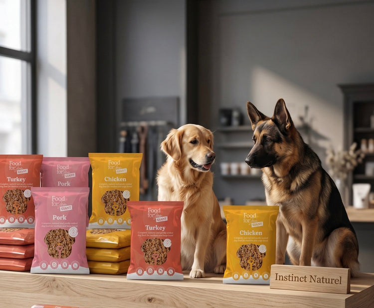 On y voit des paquets de rations ménagères cuites Turkey, Chicken, Porc et des sachets de viande fraiche Beefit et Porkilicious, présentés par Instinct Naturel.
