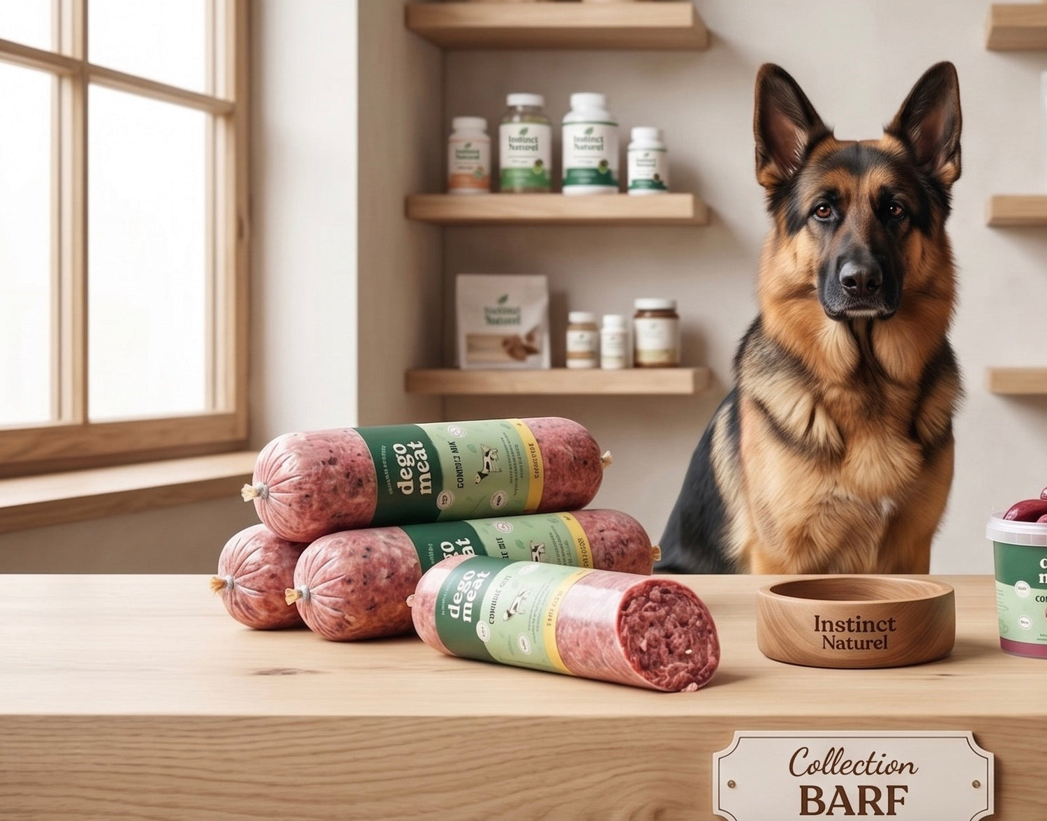 Chien Berger Allemand dans une boutique Instict Naturel avec une large sélection de viande BARF Degomeat (rouleaux et pots), idéale pour une alimentation crue et naturelle