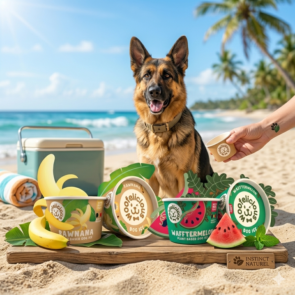 Chien Berger Allemand sur une plage ensoleillée avec les pots de glaces Woofelicious Banane et Pastèque d'Instinct Naturel, ambiance vacances et fraîcheur