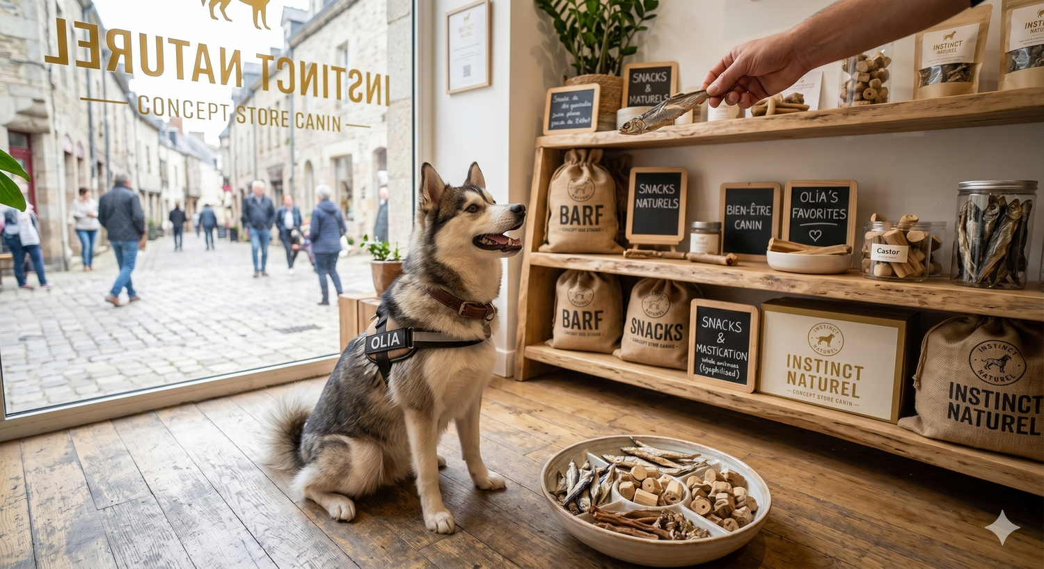 Intérieur boutique Instinct Naturel Concept Store Canin. Un chien Husky Pomsky assis regarde un anchois séché. Étagères en bois remplies de snacks naturels, friandises de mastication et BARF pour chiens.