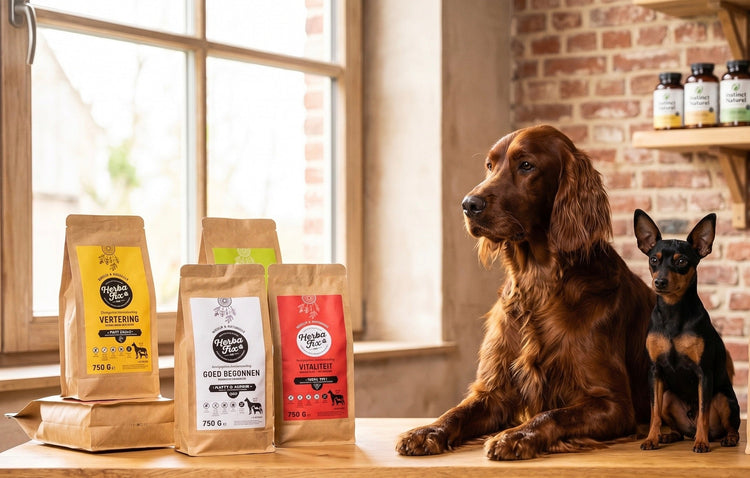 Deux chiens, un grand et un petit, devant une large gamme de croquettes naturelles Herbafix d'Instinct Naturel, pour chiens de toutes tailles et sensibilités