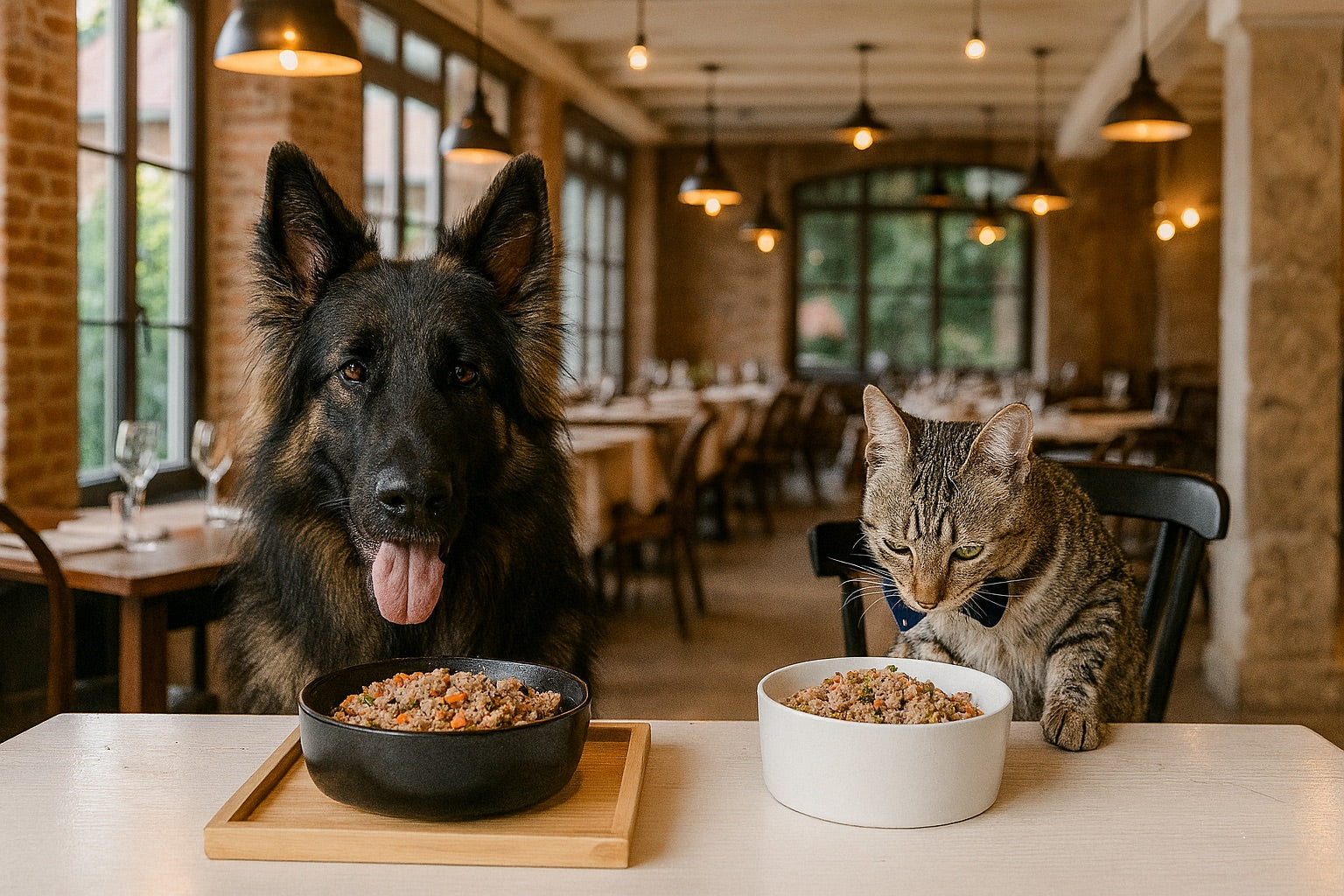 Un chien et un chat profitant d'un repas naturel Instinct Naturel dans un restaurant dog-friendly au Mans.