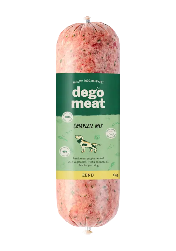 Boudin de viande BARF Degomeat Canard Complet, alimentation crue riche en fer et acides gras pour chien