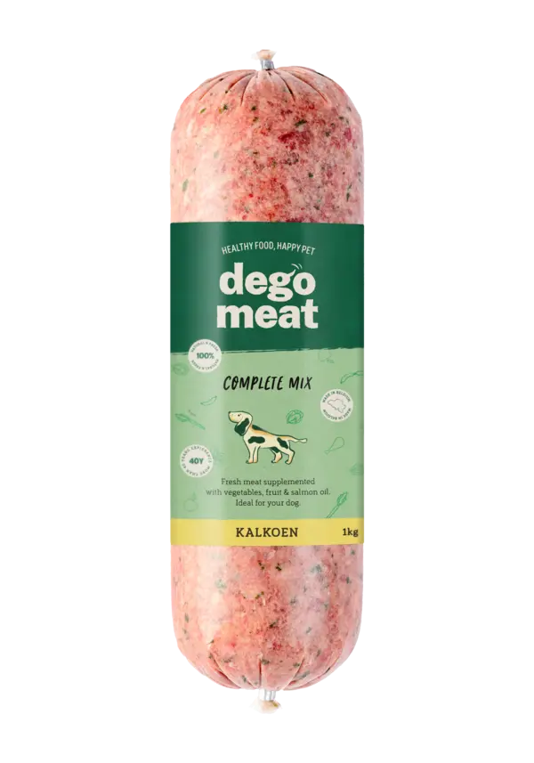 Boudin de viande BARF Degomeat Dinde Complet, alimentation crue maigre et digeste pour chien.