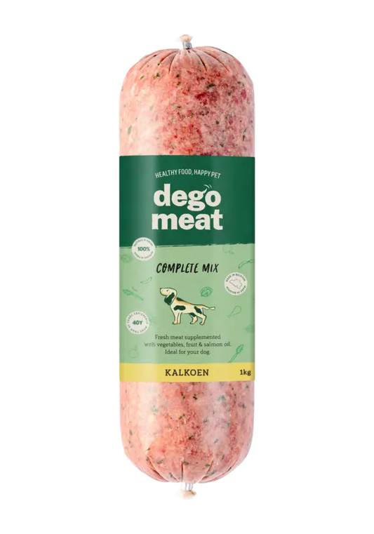 Boudin de viande BARF Degomeat Dinde Complet, alimentation crue maigre et digeste pour chien.