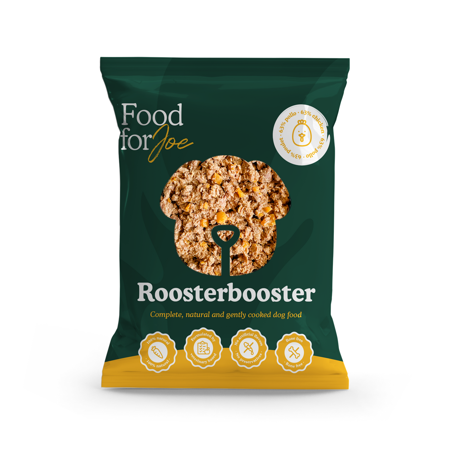 Repas frais Food for Joe Roosterbooster au poulet et légumes verts, ration ménagère équilibrée pour chien.